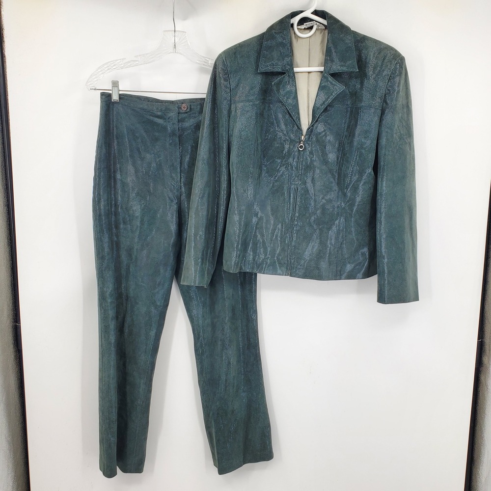 Paolo Santini Womens Vintage Teal Leather Embossed Pant Suit Set Sz 8 Snakeskin